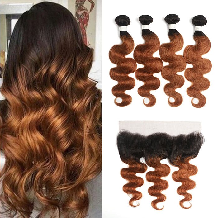 1B/30 Ombre Medium Auburn Black Roots 4 Bundles With 13x4 Lace Frontal 100% Human Hair - Perismoda Hair